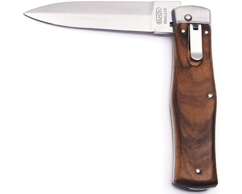 Jednoruční nůž s dřevěnou rukojetí a čepelí z nerezové oceli