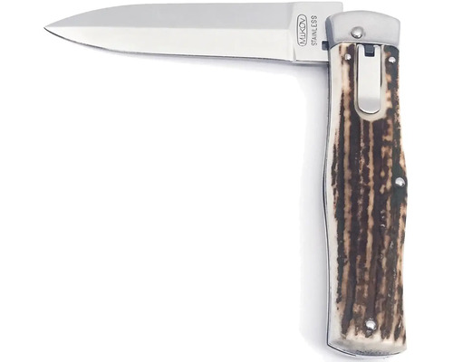 Jednoruční nůž s nerezovou čepelí a rukojeťmi se vzhledem rohoviny.