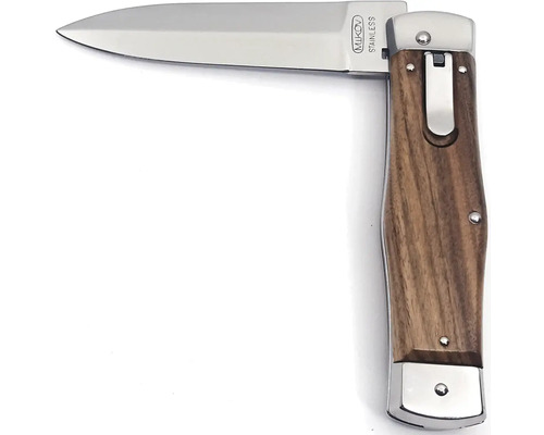 Otevřený kapesní nůž s dřevěnou rukojetí a nerezovou čepelí.