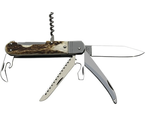 Víceúčelový kapesní nůž s čepelí, pilkou, vývrtkou a otvírákem na konzervy