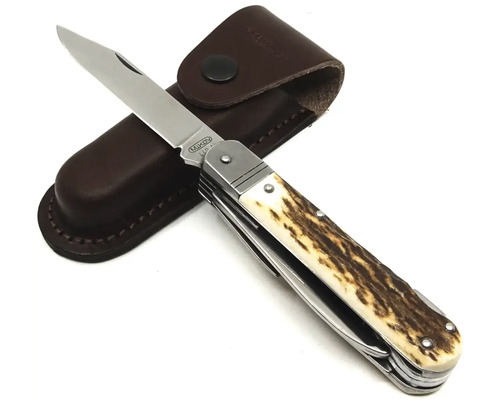 Zavírací nůž s hnědým koženým pouzdrem