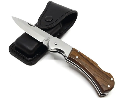 Skládací nůž s dřevěnou rukojetí a koženým pouzdrem