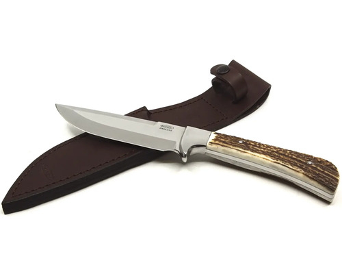 Lovecký nůž s čepelí z nerezové oceli a koženým pouzdrem