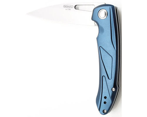 Skládací nůž s ocelovou čepelí a modrou rukojetí