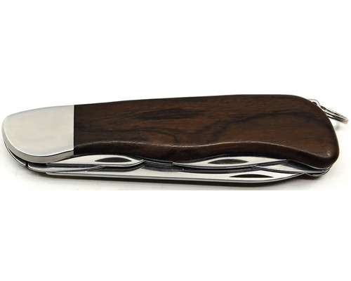 Kapesní nůž s dřevěnou rukojetí a několika nástroji