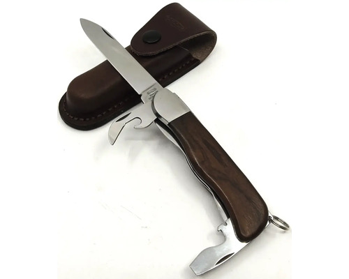 Víceúčelový kapesní nůž s dřevěnou rukojetí a koženým pouzdrem