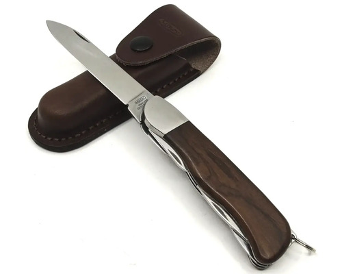 Víceúčelový kapesní nůž s dřevěnou rukojetí a koženým pouzdrem