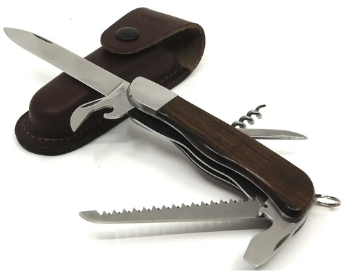 Kapesní nůž s dřevěnou rukojetí a koženým pouzdrem