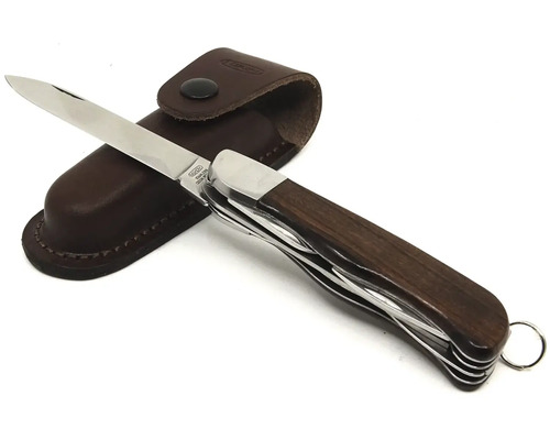 Víceúčelový kapesní nůž s dřevěnou rukojetí a koženým pouzdrem