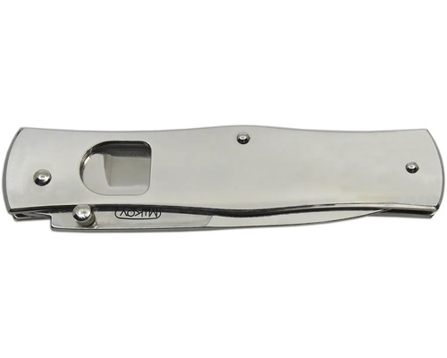 Stříbrný vystřelovací nůž s hladkou čepelí a logem Mikov