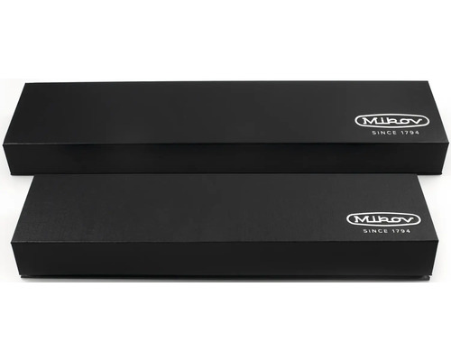 Dvě černé krabičky na nože s logem Mikov