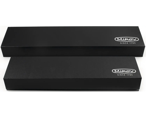 Dvě černá balení produktů Mikov s logem Mikov