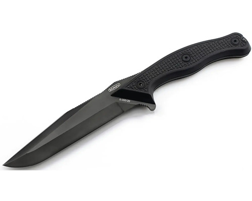 Černý nůž s pevnou čepelí a strukturovanou rukojetí