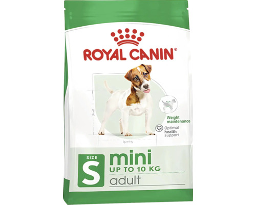Logo Royal Canin. Balení suchého krmiva pro dospělé psy Royal Canin Mini do 10 kilogramů pro malá plemena. Udržování hmotnosti. Optimální podpora zdraví.