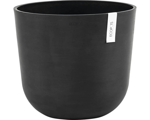 Černý květináč se zaobleným tvarem a logem EcoPots