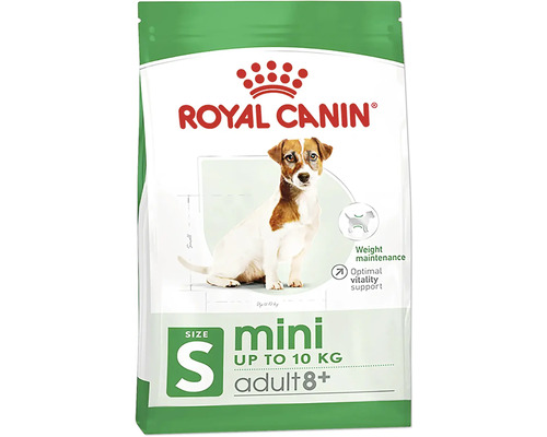 Granule pro psy Royal Canin SHN Mini Adult (nad 8 let) 8 kg Logo Royal Canin. Balení suchého krmiva pro psy Mini Adult 8+ pro malé psy do 10 kilogramů pro udržení hmotnosti a podporu vitality.