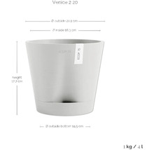 Květináč o rozměrech výška 17,7 cm, vnější průměr nahoře 20,1 cm, vnitřní průměr nahoře 18,3 cm a vnější průměr dole 14,5 cm.