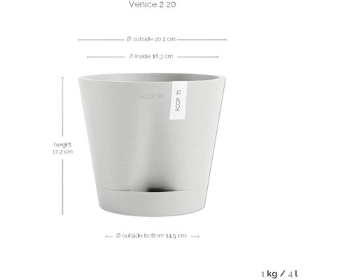 Květináč o rozměrech výška 17,7 cm, vnější průměr nahoře 20,1 cm, vnitřní průměr nahoře 18,3 cm a vnější průměr dole 14,5 cm.