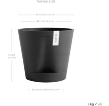 Květináč o rozměrech 20,1 cm vnější průměr, 18,3 cm vnitřní průměr, 17,7 cm výška a 14,5 cm průměr dna.
