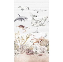 Dekorativní tapeta s námořnickými motivy, jako jsou delfíni, velryby, želvy a korálové útesy