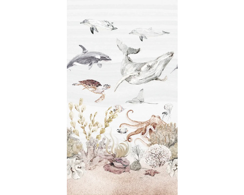 Dekorativní tapeta s námořnickými motivy, jako jsou delfíni, velryby, želvy a korálové útesy