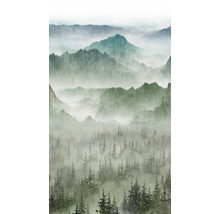 Dekorativní tapeta s lesem a horami v mlze