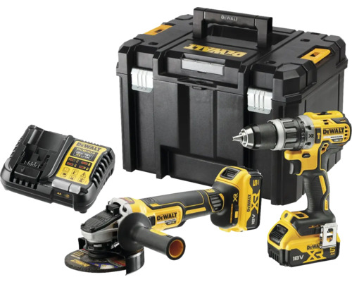 Aku sada nářadí DeWalt 18V příklepová vrtačka DCD796 a úhlová bruska DCG405, včetně 2× aku 5Ah, nabíječky a kufru