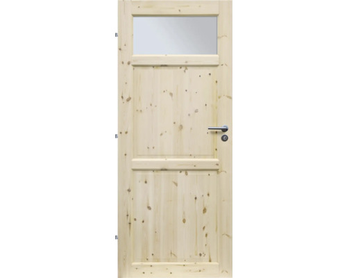 Dřevěné dveře se skleněnou vložkou a klikou