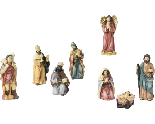 Sada figurek betlému s pastýřem, třemi králi, andělem, Marií, Josefem a Ježíškem