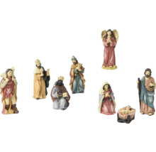 Sada figurek vánočního betlému s Ježíškem, Marií, Josefem, třemi králi, pastýřem a andělem.