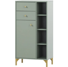 Šedá skříň se třemi zásuvkami, dvířky a třemi otevřenými policemi