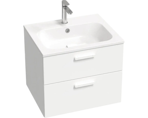 Bílá skříňka pod umyvadlo se dvěma zásuvkami a umyvadlem na desku a baterií