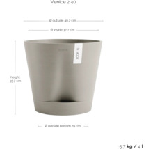 Květináč s rozměry: výška 35,7 cm, vnější průměr nahoře 40,2 cm, vnitřní průměr nahoře 37,7 cm, vnější průměr dole 29 cm