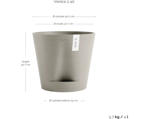 Květináč s rozměry: výška 35,7 cm, vnější průměr nahoře 40,2 cm, vnitřní průměr nahoře 37,7 cm, vnější průměr dole 29 cm