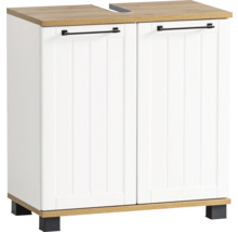 Skříňka pod umyvadlo se dvěma dvířky, bílými čely a dřevěnou deskou