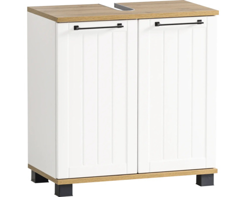 Skříňka pod umyvadlo se dvěma dvířky, bílými čely a dřevěnou deskou