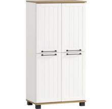 Bílá víceúčelová skříň se čtyřmi dvířky a černými úchyty