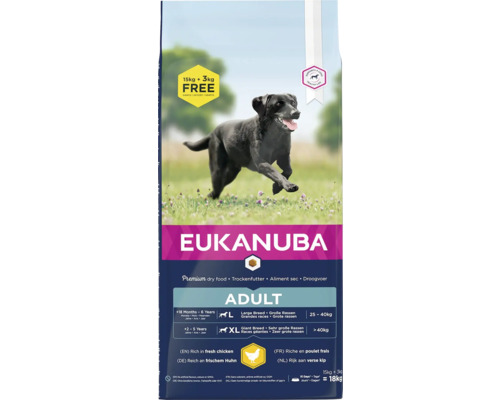 Granule pro psy velkých a obřích plemen Eukanuba Adult Large 15 kg + 3 kg zdarma Eukanuba Adult suché krmivo pro psy, 18 kilogramové balení