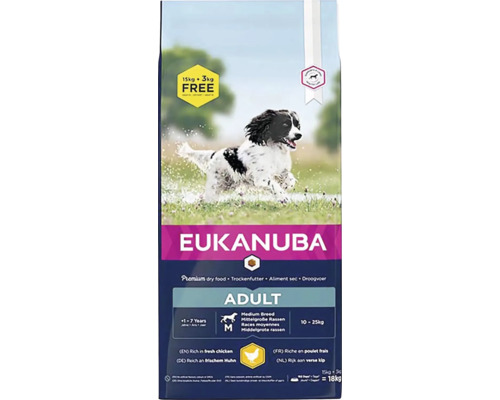 Granule pro psy středních plemen Eukanuba Adult Medium 15 kg + 3 kg zdarma Eukanuba Adult suché krmivo pro střední plemena psů, 18 kilogramů