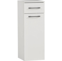 Bílá vysoká koupelnová skříňka se dvěma zásuvkami a úchyty