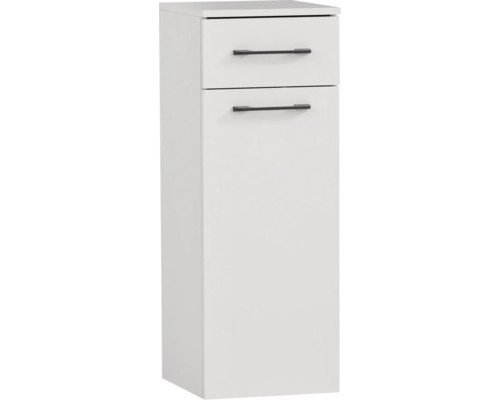 Bílá vysoká koupelnová skříňka se dvěma zásuvkami a úchyty