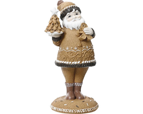 Santa perníčkový polyresinový 13,5 x 11,5 x 25 cm hnědý Dekorativní Santa Claus z polyresinu s perníkem a vánočním stromkem pro slavnostní dekorace