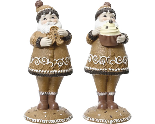 Santa polyresin Dvě figurky Santa Clause z polyresinu držící perníkového mužíčka a muffin, jako slavnostní dekorace