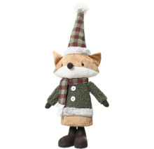 Dekorativní liška jako látková panenka s kostkovanou šálou a čepicí pro vánoční dekoraci