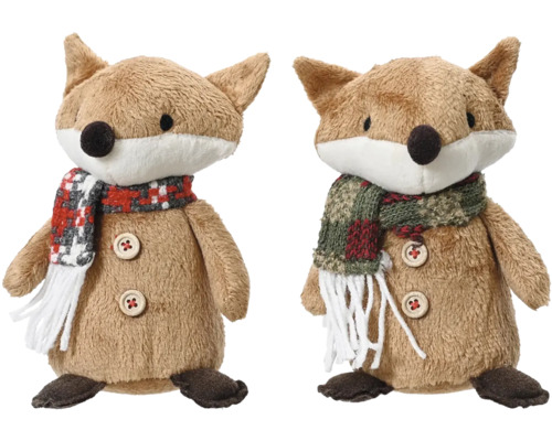 Dva plyšoví lišáci s knoflíky a šálami