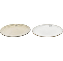 Dva papírové talíře s rýhovaným povrchem a potiskem