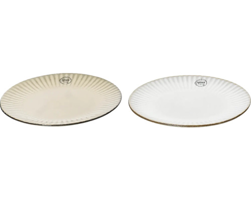 Dva papírové talíře s rýhovaným povrchem a potiskem