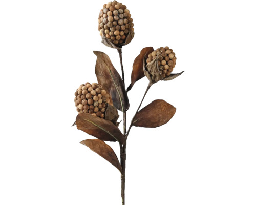 Dekorativní umělá rostlina se třemi kulovitými květy a listy.