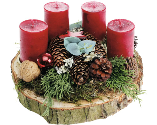 Adventní svícen březový Ø 27 x cca 12 cm 4 čajové svíčky červený