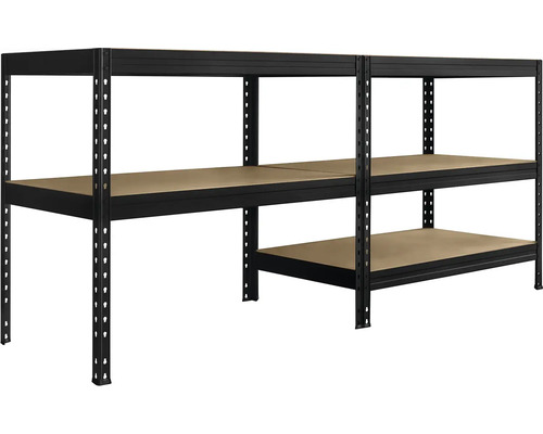 Černý regál pro velké zatížení se třemi úrovněmi a dřevěnými policemi